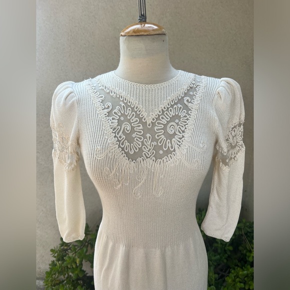 Vintage 70s white Santana knit dress lace inserts Sz Small by Ruth Chagnon - Picture 4 of 11